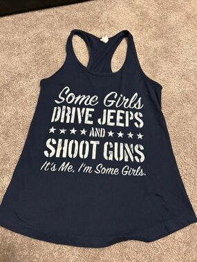 Navy Graphic Racerback Tank - "Some Girls Drive Jeeps and Shoot Guns"